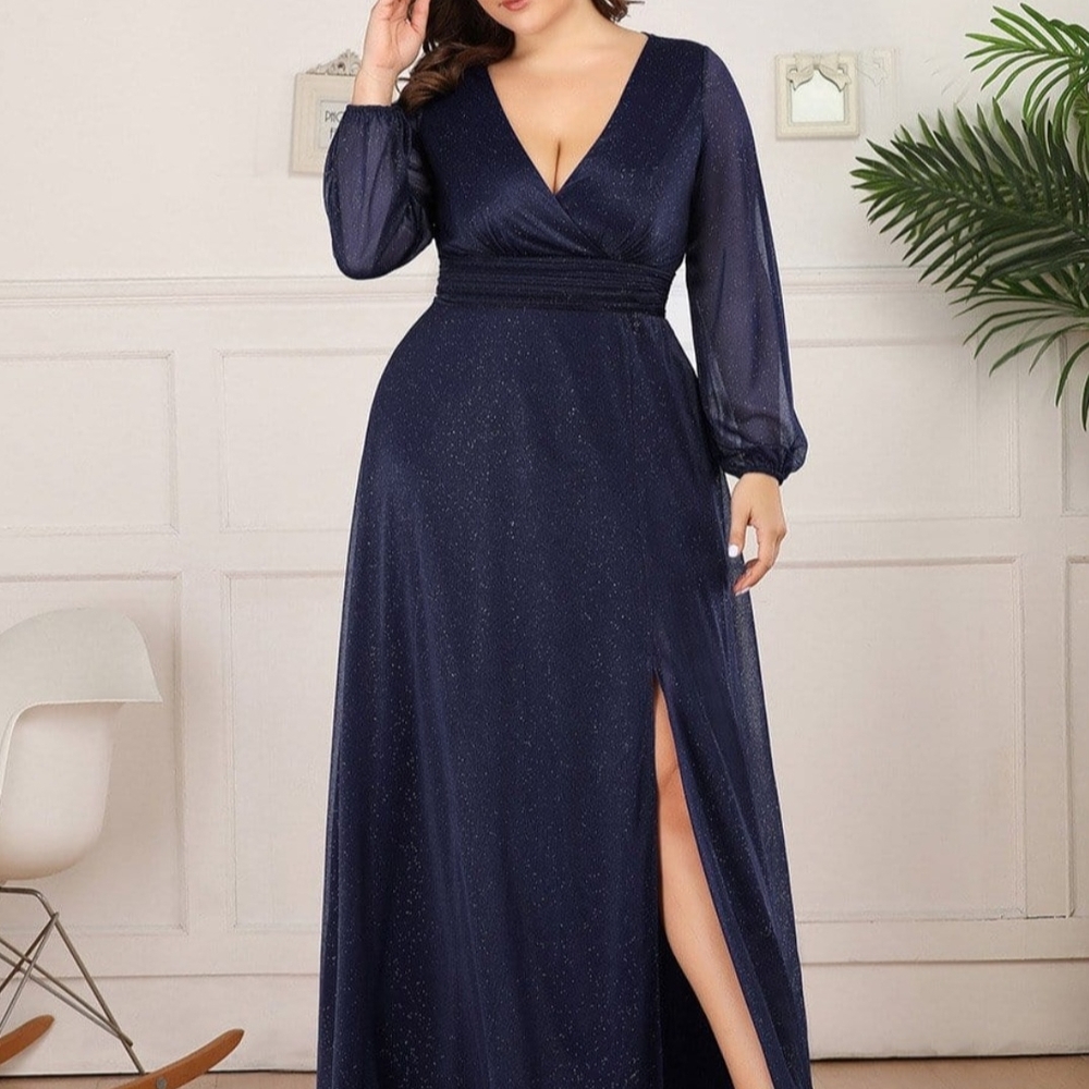 Ever Pretty Blue Long Sleeve V-Neck Gown